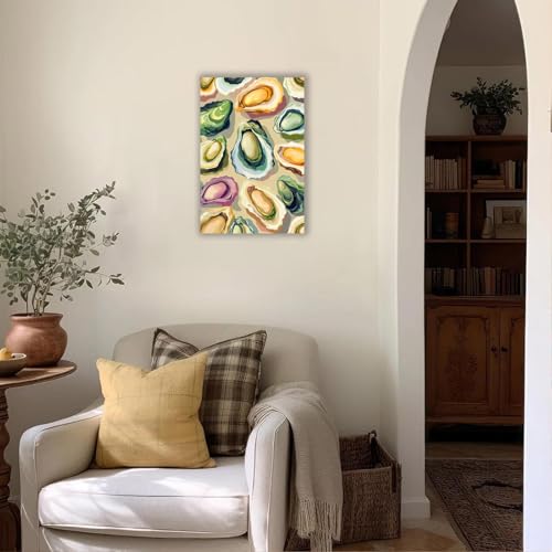 Image of Colorful Beachy Shell Canvas Wall Art Funny Coastal Oyster Shell Poster Abstract Summer Seaside Beach House Prints Painting For Home Living Room Kitchen Restaurant Wall Decor 24x36in Framed