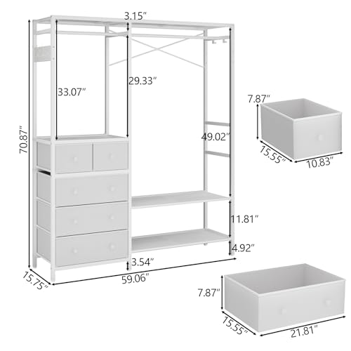 Auromie Clothes Rack with 5 Drawers & 4 Storage Shelves, 59.1W*70.9H Heavy Duty Clothing Rack with 2 Hanging Rods, Wardrobe Closet Organizer System with 5 Hooks, Freestanding Garment Rack (White)