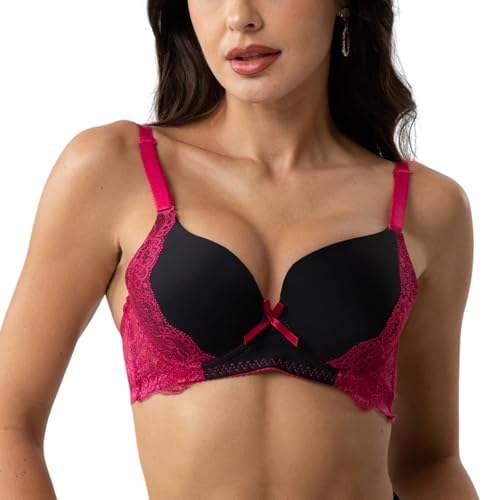 Image of YooMee Push Up Bra for Women,Lace Bras with Underwire Cups,Comfort Padded T-Shirt Bra Add One Cup 4pack 34B