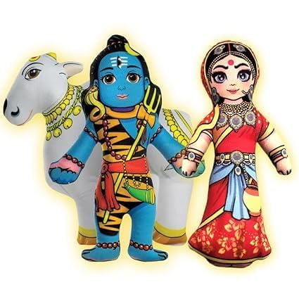 Image of Shiv Parvati Nandi Soft Toy Set for Kids & Home Decor | Vedic Culture Plush Toys | Soft Stuffed Spiritual Figures | Educational Mythology Toy for Children | Festival & Gift Item