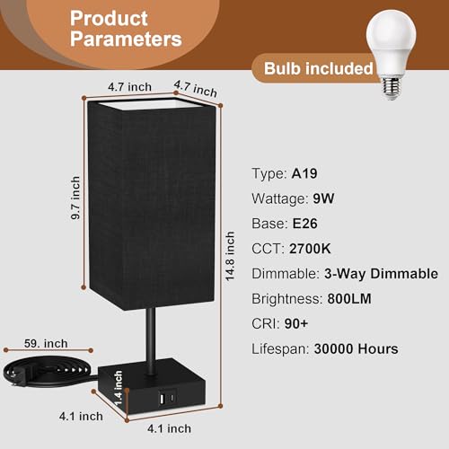 Sailstar Table Lamp for Bedroom, 3 Way Dimmable Touch Bedside Lamp, Small Lamp with 2 USB C+A Charging Ports, Black Nightstand Lamps for End Table, Living Room, Desk, Bulb Included - Thumbnail 3