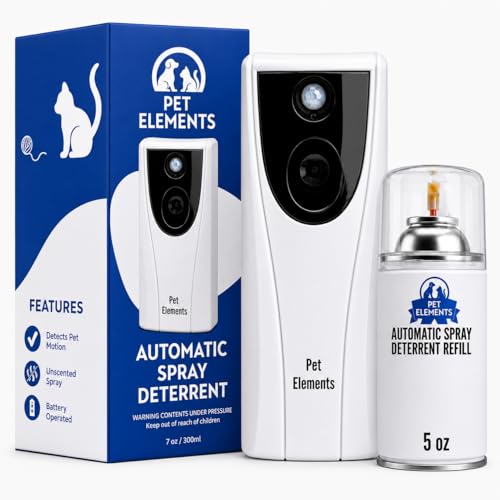 Pet Elements Automatic Cat Deterrent Spray - Contactless Behavior Correction - Motion Activated Sensor Air Burst - Odorless - Non-Staining - Versatile Placement Dog & Cat Repellent Spray Indoor