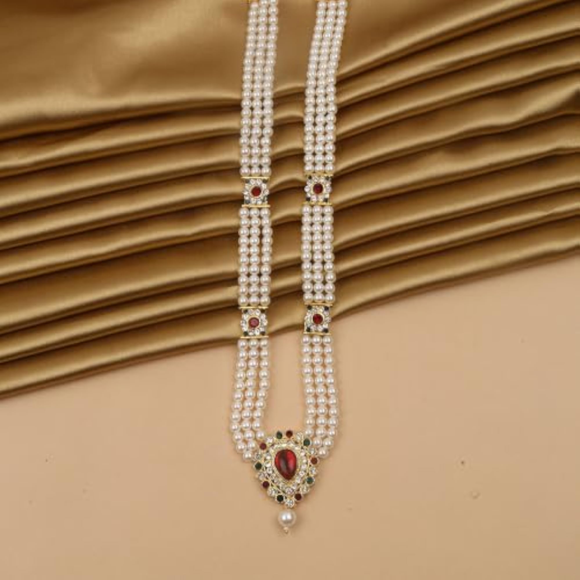 Three Layer Pearl Mala Necklace with Red & Green Stone Pendant
