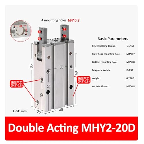 Pince pneumatique haute précision MHY2-20D, vérin angulaire 180°