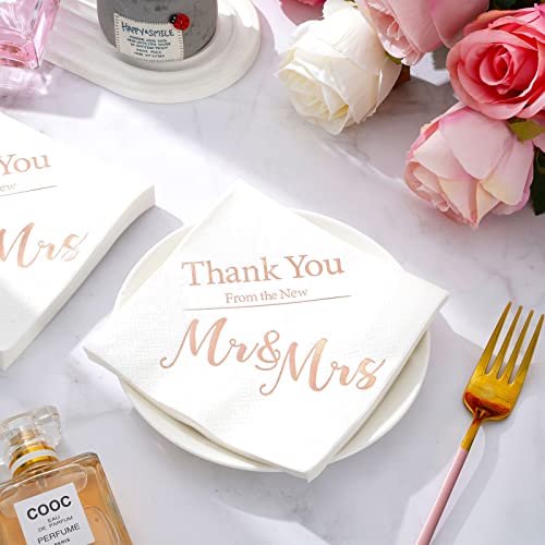 Whaline 200Pcs Wedding Napkins 3 Ply Mr And Mrs Cocktail Beverage Napkins Thank You Disposable Paper Rose Gold Foil Decorative Dinner Napkin For Wedding Bride Shower Party Supplies Tableware Decor #TOP2