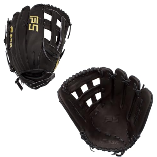 SSK FP5 Fastpitch Softball Glove – Infield - Outfield - Pitcher – 11.5”-11.75”-12”-12.25”-12.5”-12.75”-13”– Right & Left Hand Throw (Black/Gold - H Web, 12.75" - Left Hand Throw)