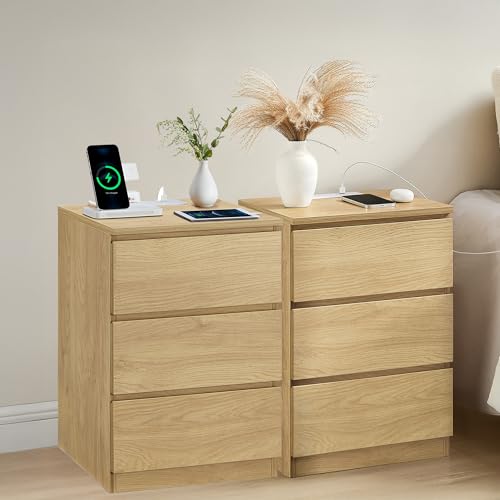 Image of VASAGLE Bedside Tables with Power Strip, Set of 2 Modern Side End Tables with Drawers, 2 AC OutKAILYN Collection LETs, 2 USB Ports, for Living Room, Bedroom, Straw Yellow KAILYN Collection LET831Y71