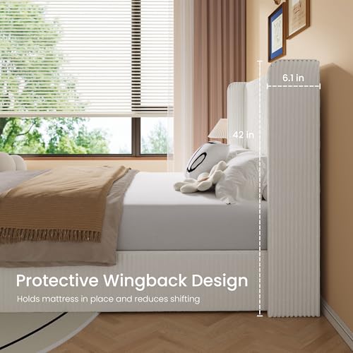 Image of SHA CERLIN King Lift Up Storage Bed Frame, Upholstered Corduroy, White