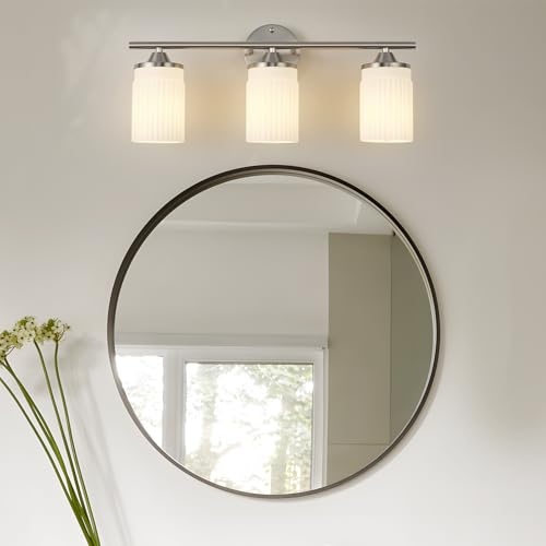 Image of Jonsi Nickel Bathroom Light Fixtures 3-Light Vanity Lights Modern Wall Sconce with Milk White Shade Brushed Nickel Bathroom Light Fixture Over Mirror for Bedroom Hallway Kitchen
