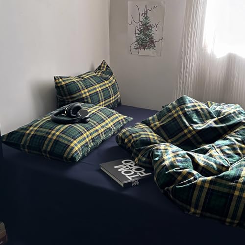 Image of MKXI Twin Size Forest Green & Mustard Yellow Plaid Duvet Cover Set, 3 Piece All Season Washed Cotton Bedding, Vintage Preppy Style Rustic Outdoor Bed Set with Zipper Closure & Corner Ties