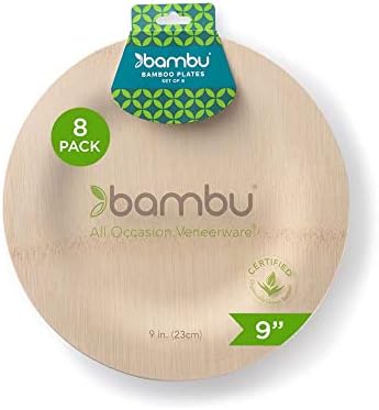 bambu, Disposable Bamboo Round Plates 9 Inch, Organic, Biodegradable and Eco Friendly Flatware, Veneerware Party, Wedding, and Event Plates, Great For Any Occasion, 100% Natural - 9", Pack of 8
