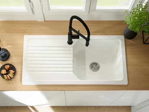 Villeroy & Boch Linara 60 Küchenspüle, Spülbecken mit einem Hahnloch, Spüle inkl. Ablaufgarnitur mit Handbetätigung, Einbauspüle aus TitanCeram, 1000 x 510 mm, Weiß Alpin CeramicPlus