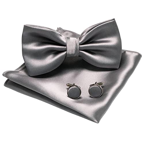 JEMYGINS Herren Fliege Grau 5 Satin Fliege und Einstecktuch mit Manschettenknöpfe Sets
