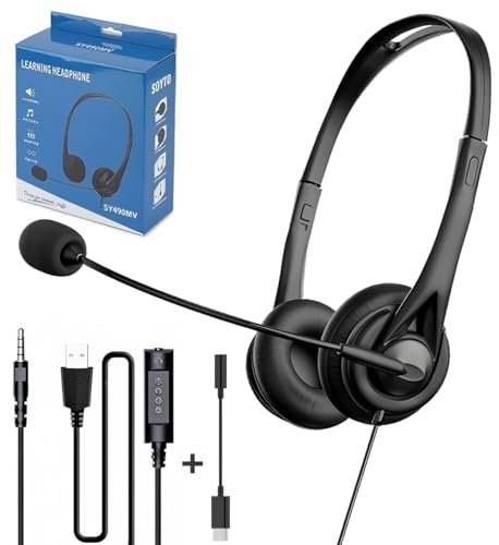 KXYINOS USB Headset with Microphone for PC Laptop 3 in 1 Wired Headphones with Noise Cancelling Mic & Audio Controls Adjustable Headset for Office Call Center Online Classes Teams Zoom Skype