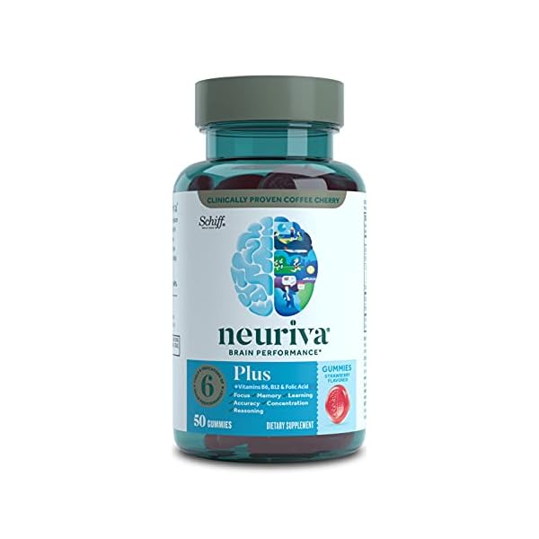 Neuriva-Nootropic-Brain-Support-Supplement-Plus-Strawberry-Gummies-50-Count-in-a-Bottle-Phosphatidylserine-B6-B12-Supports-Focus-Memory-Concentration-Learning-Accuracy-and-Reasoning NEURIVA Plus Brain Supplement for Memory,Focus & Concentration+Cognitive Function with Vitamins B6 & B12 and Clinically Tested Nootropics Phosphatidylserine and Neurofactor,50ct Strawberry Gummies