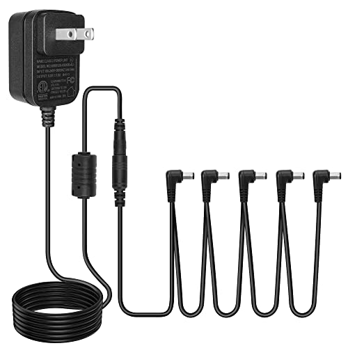 Guitar Pedal Adapter Power Supply 9V DC 1A Center Negative PSU One Spot Charging Adaptor Wall Charger Plug with 5 Way Daisy Chain Cables Cords for Guitar Bass Effects Pedal and Casio Keyboard, 10 Feet