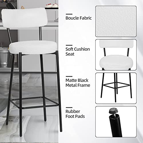 Sucrever Bar Stools Set Of 2, 30 Inch Height Bar Chairs Boucle Fabric White Counter Height Bar Stools With Back, Black Metal Legs/Footrest, Modern Tall Bar Stools For Kitchen Counter Bistro Pub #TOP3