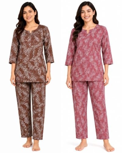 Image of Vlazom Women's Pure Cotton Printed Night Suit Pack of 2 | Soft Breathable Cotton Top & Pajama Set | Half Sleeve Sleepwear & Loungewear | Comfortable Nightwear for Women | Regular Fit