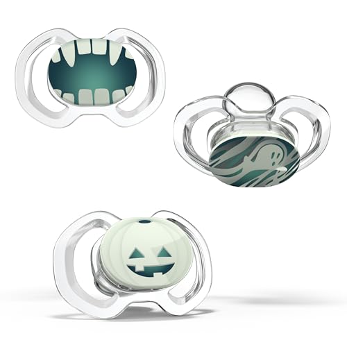 Image of Smilo Baby Halloween Pacifier - 3 Pack of Slimline Pacifiers for Babies - Stage 3 for Babies 9+ Months - 100% Silicone Pacifier and BPA Free - Glow in The Dark - Spooky Time