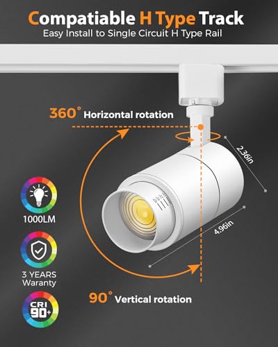 Image of VANoopee 3-Color Zoomable 10W LED Track Lighting Heads H Type Track Light Heads Dimmable Bright Ceiling Spotlight Fixtures Accent Art, 3000K 4000K 5000K Adjustable, CRI90+ 15-60 1000lm White 6 Pack