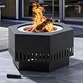 Sunjoy 28 in Smokeless Fire Pit with Removable Ash Pan, Outdoor Portable Hexagonal Wood Burning Fireplace with PVC Cover and Fire Poker,Ideal for Camping, Bonfire, and Backyard, Black