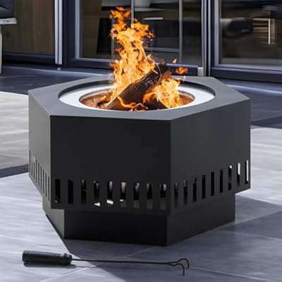 Sunjoy 28 in Smokeless Fire Pit with Removable Ash Pan, Outdoor Portable Hexagonal Wood Burning Fireplace with PVC Cover and Fire Poker,Ideal for Camping, Bonfire, and Backyard, Black