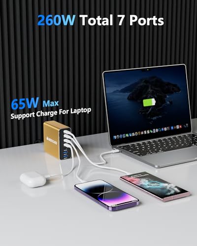 Image of MEKIOJEO Aluminum Alloy 260W USB C Charger GaN Fast USB C Charging Station | 7 Ports 65W Laptop Charger for MacBook Pro /Air /iPad Pro /iPhone