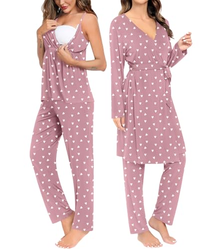 Image of SWOMOG Maternity Nursing Robe Set 3 Piece Breastfeeding Pajamas 3 in 1 Labor Delivery Sleevless Tops&Long Pants Pregnancy Pjs