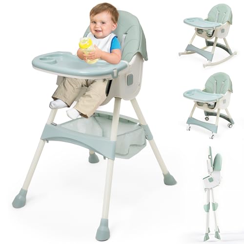 Trona bebé Plegable 3 in1, 3 Posiciones Trona para Bebes Reclinable con Doble Bandeja Extraible y Ruedas, Asiento Reposapiés, Altura Regulable para Bebes, 6 Meses - 3 Años, Unisex, Verde