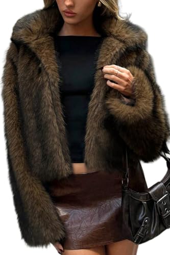 ELLEVEN Faux Fur Jacket Coat Women Winter Fluffy Warm Cropped Overcoat Furry Fuzzy Plush Shaggy Cardigan Casual Sexy Fashion Lapel Collar Long Sleeve Hidden Hooks Pockets Black & Brown Medium