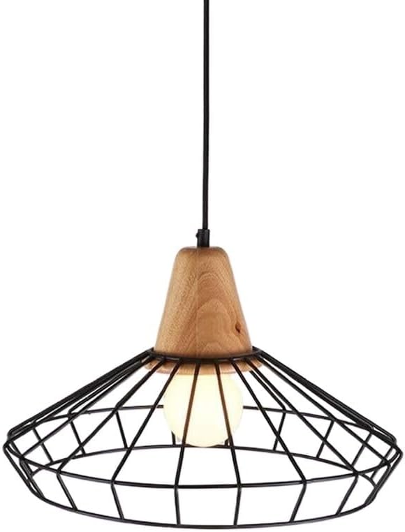 Industrial Black Light Fitting, Geometric Wire Cage Metal Lampshade Wood Ceiling Lamp, Vintage Suspension Lighting Kits(Dia40Cm)/Black/Dia25Cm