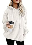 EFOFEI Mujer Cálido Suave Hoodie Niña Jersey Bolsillo Lateral Esponjoso Teddy Forro Polar Suéter Invierno Manga Larga Sudadera con Capucha Oversize Blanco S