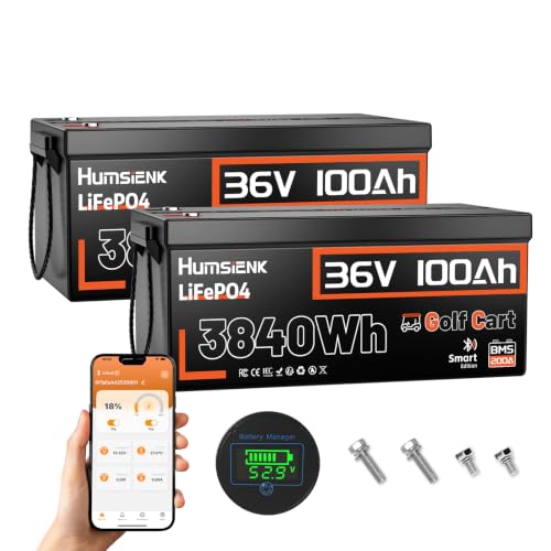 Image of 2Pack 36V 100Ah Golf Cart Battery, 200A BMS (600A Peak), Bluetooth & Dashboard Meter, 3.84kWh Deep Cycle LiFePO4, 68.7lbs Drop-in Replacement for 6x 6V Batteries, EZGO TXT, Club Car DS
