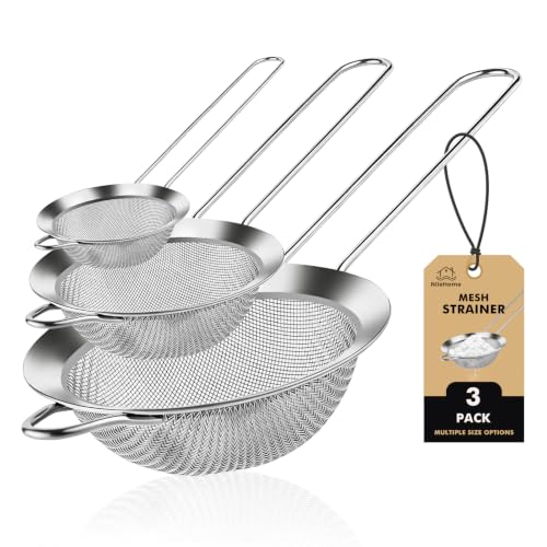 NileHome 3 Stück Sieb, Edelstahlsieb zum Sieben, Abseihen, Kochen, Küchensieb, feines Netz für Mehl, Nudeln, losen Tee, Obst und Reis, Silber