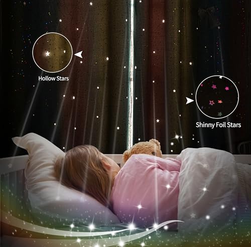 Image of Mix & Match Double Layer Laser-Cut Stars Gradient Blackout Curtains with Foil Print Sheer, 2 Panels Set for Bedroom, Nursery, Living Room - Yellow Blue Pink, 52W x 95L