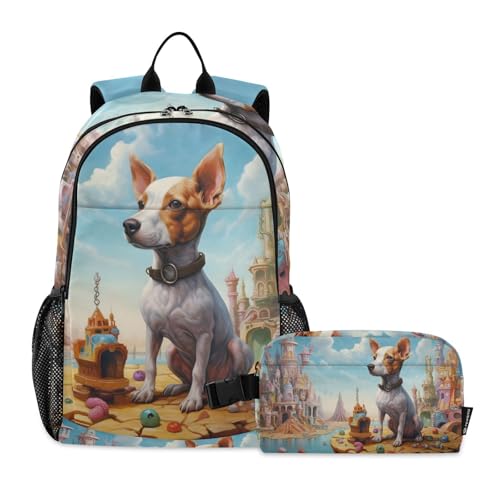 Backpack Lunch Bag Set for Travel Hiking Picnic, Colorful Castle Dog Print Backpacks with Insulated Lunch Box