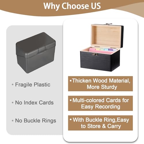 BTSKY Wooden Index Card Holder - 3X5 Inch Notecard Box Recipe Organizer with 150 Cards & 8 Buckle Rings, Wood Index Card Case for Office Desk Recipe Notecard Storage Box, Photo Holder Organizer, Black