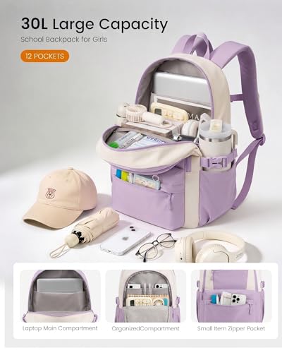 LOVEVOOK School Backpack for Teen Girls & Women, 35L Large Laptop Backpack with 40oz Water Bottle Pocket, Waterproof Cute College Bookbag, Student Backpack for Middle High School Travel Work Purple — view 2