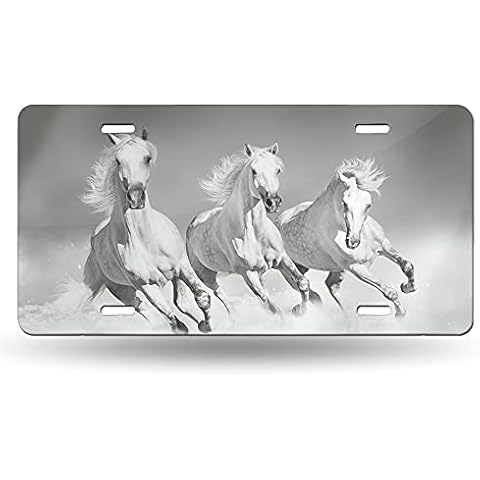 Snowmolle Three White Horses Running License Plate Decorative Car Front License Plate Cover Vanity Tag Metal Car Plate Aluminum Novelty License Plate for Men/Women Car 6 X 12 Inch Cover
