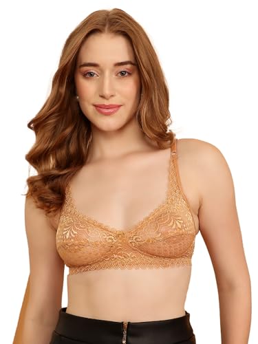 Clovia Women's Lace Non-Padded Non-Wired Full Cup Self-Patterned Bra (BR0224P24_Beige_32B)