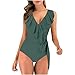 Maillot de bain une pièce pour femme - Décontracté - Col en V - Volants - Ceinture - Bikini gainant du ventre, Vert kaki., S