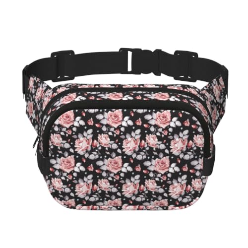 Sac banane double couche à motif fleur rose avec compartiments zippés sécurisés