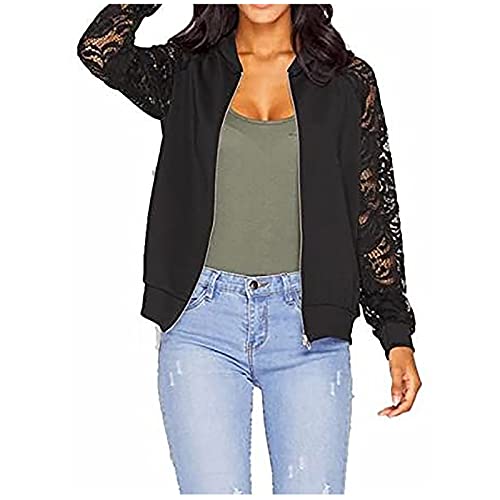 Damen Elegant Spitze Spleißdesign Jacke Mäntel Frauen Sexy Lace Stickerei Langarm Rundhals Tailliert Jacken Mantel Casual Einfarbig Reißverschluss Bomber Jacke Outwear Leicht Atmungsaktiv Jacket Cover