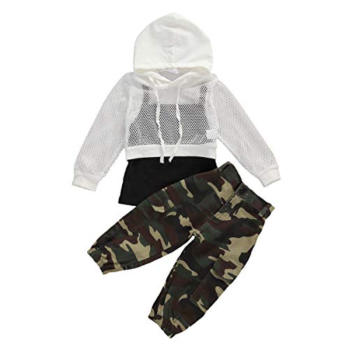 Geagodelia - Conjunto de 3 piezas de camuflaje para niña con capucha vacía + camiseta con tirantes + pantalones de camuflaje para niña a la moda camuflaje 130 cm(5-6 años)