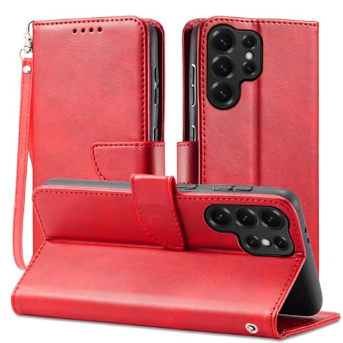 Étui Samsung Galaxy S24 Plus rouge style rétro en cuir avec porte-cartes intégré