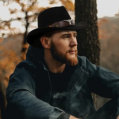 Rainflowwer Classic Black Cowboy Hat Men, Wide Brim Cowgirl Hat, Western Style Hat With Wide Belt For Women #TOP1