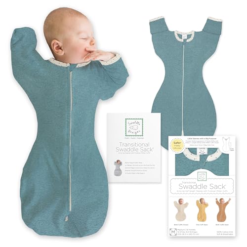 Image of SwaddleDesigns Transitional Swaddle Sack, Arms Up Half-Length Sleeves & Mitten Cuffs, Swaddle for Newborn Transition to Baby Sleep Sack Wearable Blanket, Large, 6-9 Month, 21-24 lb, Heathered Teal