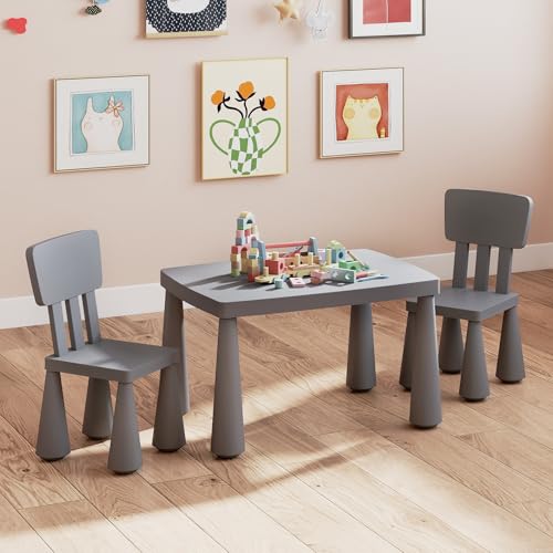 Image of KOTEK Kids Table and Chair Set, 3 Piece Plastic Toddler Table and Chairs for Art Craft, Reading, Drawing, Snack Time, Playroom, Preschool, Kindergarten, Children Activity Table for Ages 1-7 (Gray)