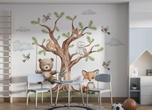 Osomhome Sticker mural décoratif pour chambre d'enfant Motif animaux de la forêt - Papier peint autocollant pour chambre d'adolescent - Grand arbre, ours en...