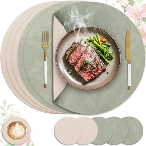 HELI MIAO Set de Table Lavable et Antidérapant, Lot de 6 Sets de Table en Cuir PU Double Face, Décoration de Cuisine et Cadeau Rond 36x36cm(Vert Clair + Beige)